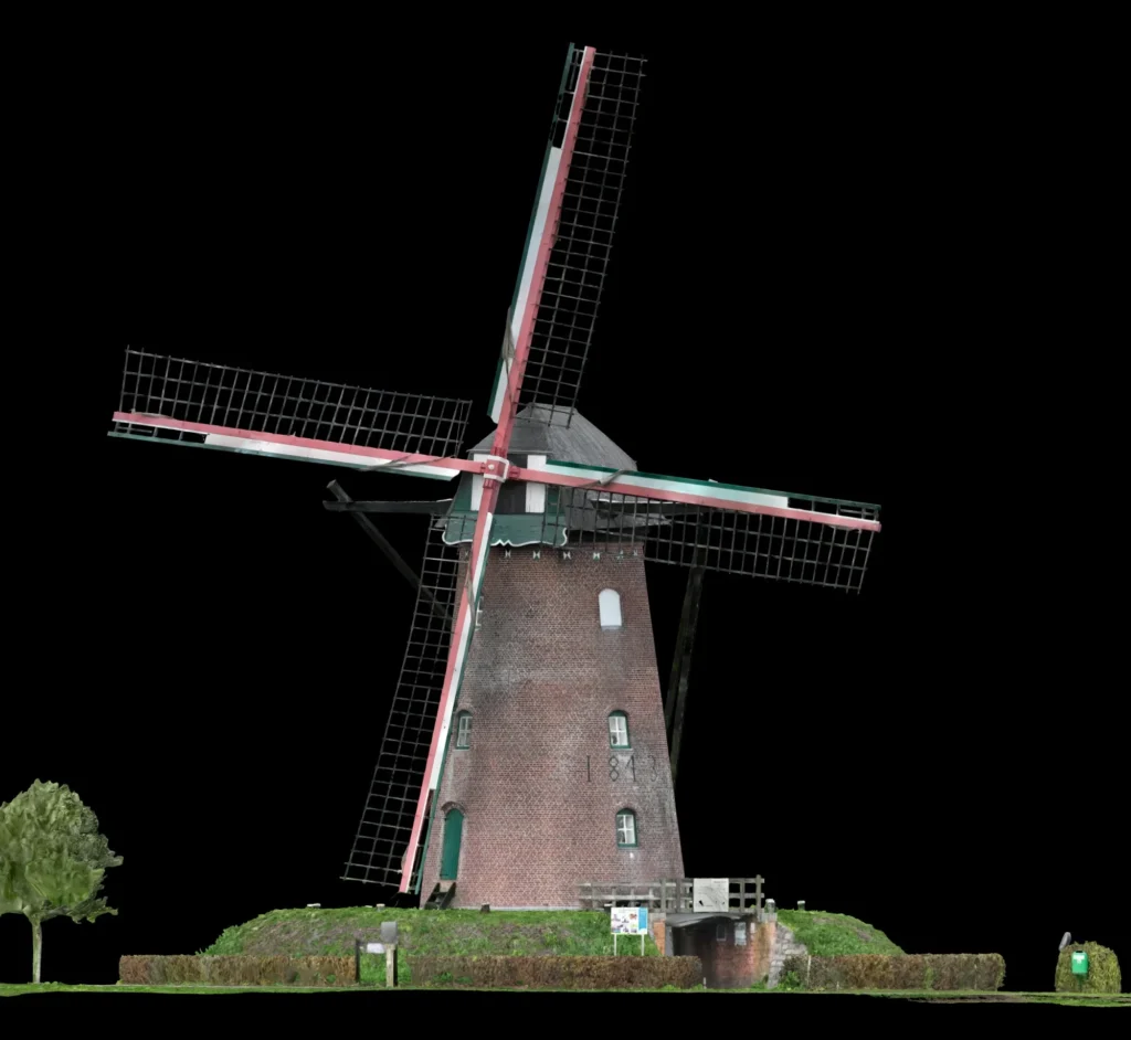 Orthografisch vooraanzicht van de Scherpenbergmolen uit het 3D-model, met het jaartal 1843 op de romp