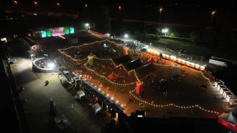 Night aerial of the Fairway Festival site in Edegem