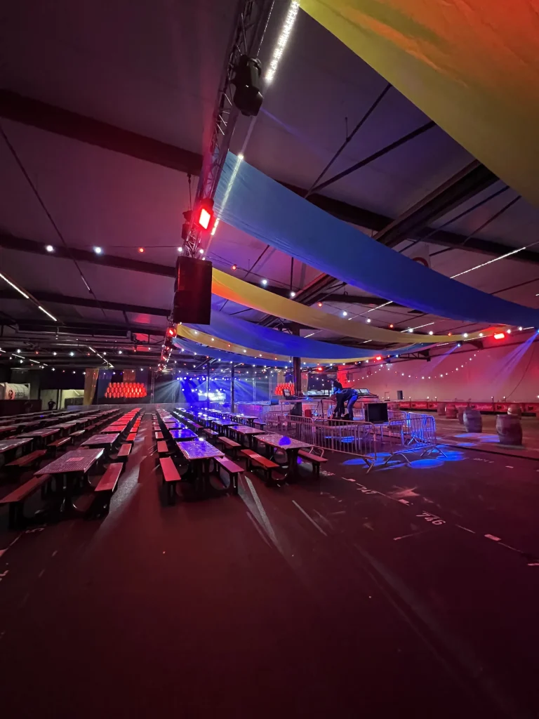 Oktoberfest 2021 festival hall in the Hoogstraten auction halls with coloured light strips