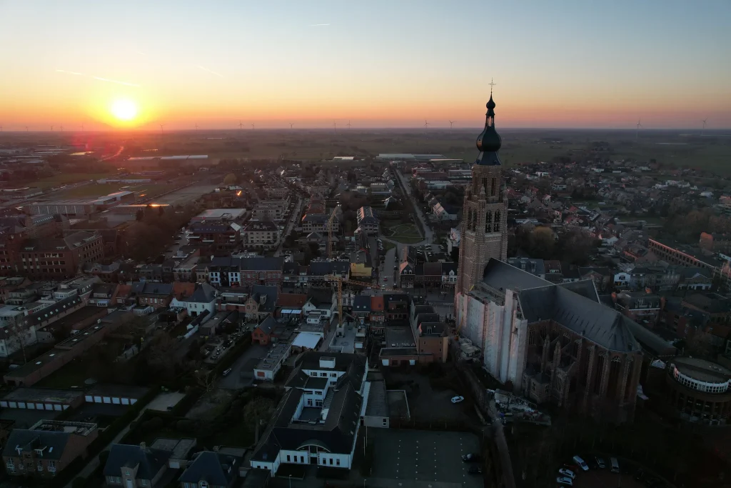 Aerial view of St Catherine's Church in Hoogstraten at sunset