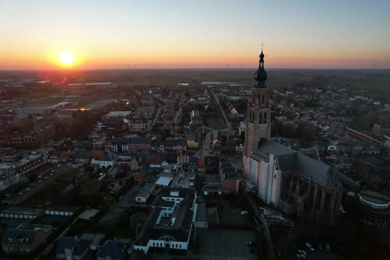 Aerial view of St Catherine's Church in Hoogstraten at sunset