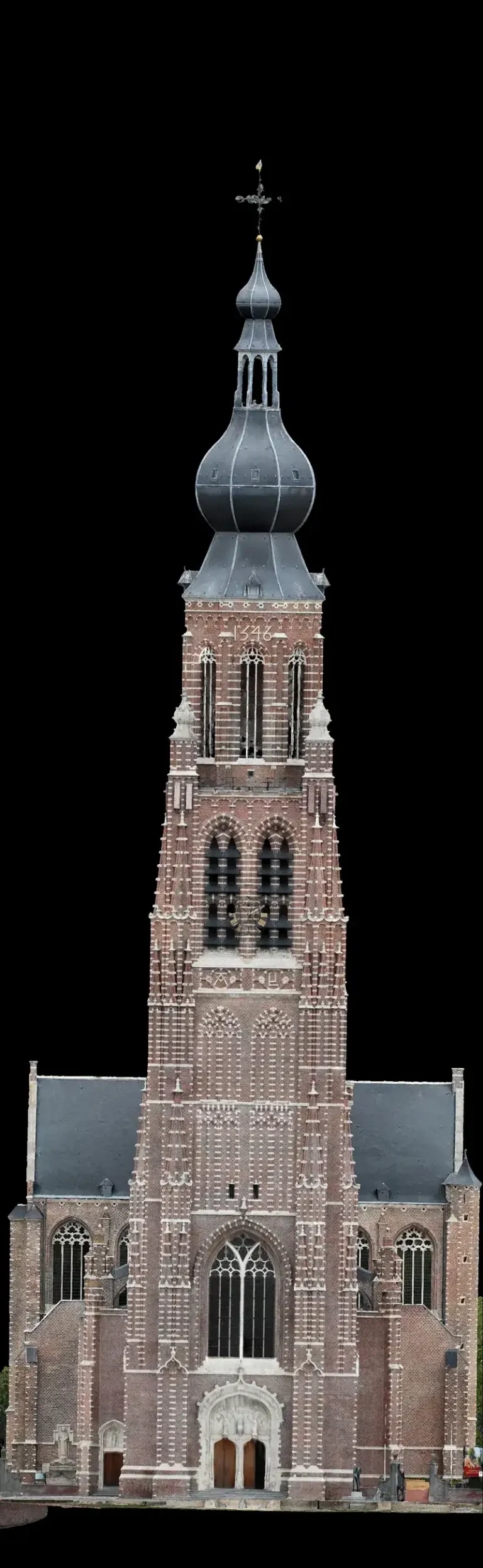 Voorgevel van de Sint-Katharinakerk in Hoogstraten met de toren, uit het 3D-model